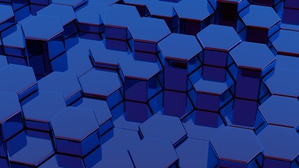 Poster - Stylized, geometric shapes forming a simplified blockchain..