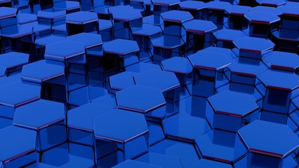 Poster - Stylized, geometric shapes forming a simplified blockchain..