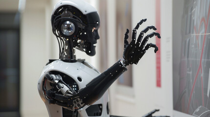 Poster - modern humanoid robot, futuristic artificial intelligence technology, black and white AI robot, future of AI