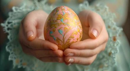 Wall Mural - The hands of a little girl holding painted Easter egg front view, Happy Easter Holiday design decorated egg with beautiful colorful details stylish 4k video