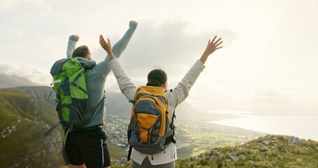 Wall Mural - couple, mountain top and freedom or celebration of hiking goals, travel and trekking adventure in na
