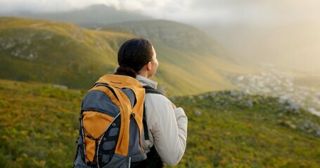 Wall Mural - back of woman, hiking and mountains for outdoor wellness, fitness and health in nature and cityscape