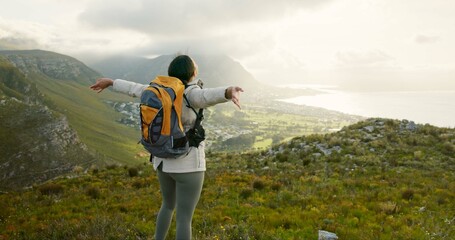 Wall Mural - woman, mountain top and freedom or celebration of hiking goals, travel or trekking adventure in natu