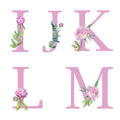 Capital letters design I J K L M with watercolor elements. Nursery alphabet. Dusty roses, soft light blush peony, pink flowers and eucalyptus leaves. Monogram. Ideal for kids shower design