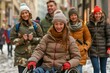 Group of Happy Friends Enjoying Winter City Walk Together, Smiling Woman in Wheelchair Leading the Way