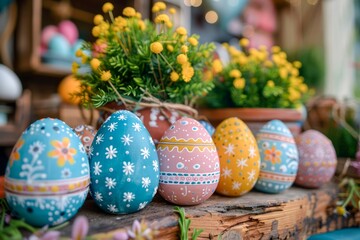 Colorful Hand-Painted Easter Eggs Decoration Displayed Among Potted Spring Flowers