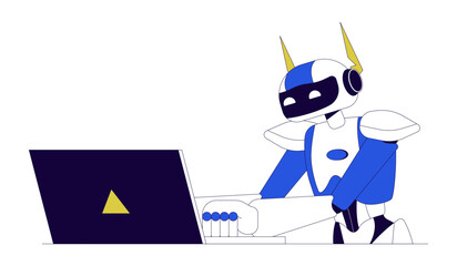Poster - Artificial intelligence at laptop 2D linear cartoon character. Robot working on computer isolated line vector personage white background. Big data and robotics technology color flat spot illustration