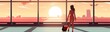 Woman with suitcase in airport terminal at sunset.  illustration of travel concept . Travel concept. Travelling.