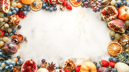 Canvas Print - Dry fruits background with white board in the middle