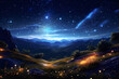Stars and fireflies shining in the lightless mountain night sky
