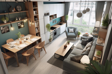 interior design for apartment with a small kitchen and living room