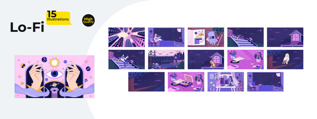 Poster - Relaxing atmospheric lofi wallpapers bundle. Cozy nighttime 2D cartoon flat illustration collection. Vinyl player, diary memories, study chill vector art, lo fi aesthetic colorful backgrounds set