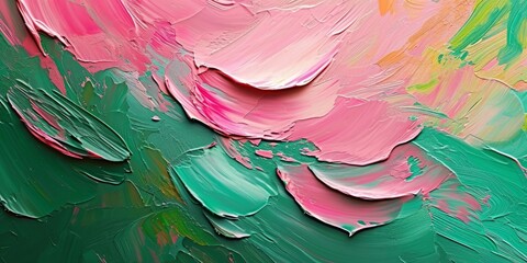 Abstract rough colorful green pink colors art painting texture background wallpaper, with oil or acrylic brushstroke waves, pallet knife paint on canvas, Generative AI