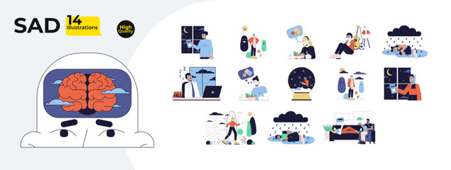 Fototapete - seasonal affective disorder 2d linear illustrations concepts bundle. depressed people cartoon charac
