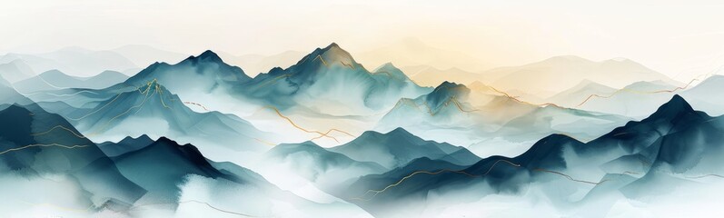 Soft pastel color watercolor abstract brush painting art of beautiful mountains, mountain peak minimalism landscape with golden lines, panorama banner, Generative AI