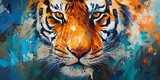 Fototapeta Przestrzenne - Animal head, portrait art. Colorful abstract oil acrylic painting of colorful tiger, pallet knife on canvas. Generative AI