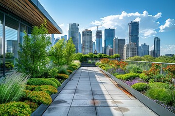 Wall Mural - Green Rooftop Garden with Cityscape Backdrop

