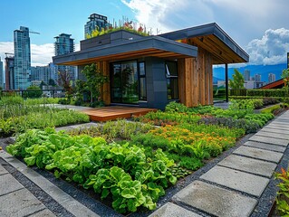 Wall Mural - Green Rooftop Garden with Cityscape Backdrop

