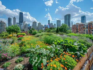 Wall Mural - Green Rooftop Garden with Cityscape Backdrop

