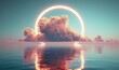 3d render, abstract geometric background, white cloud and glowing neon round frame. Illuminated cumulus. Minimal futuristic seascape with reflection in the, Generative AI