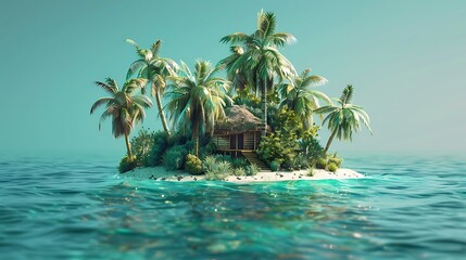 Wall Mural - Small tropical island with palms and hut surrounded sea blue water. Scenery of tiny island in ocean. Concept of vacation, travel, nature, summer. Generative Ai