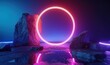 3d render, abstract minimalist neon background with cobble stone rocks, glowing ring and mirror reflection. Showcase scene for product presentation. Futuristic aesthetic, Generative AI