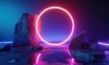 Fototapeta Przestrzenne - 3d render, abstract minimalist neon background with cobble stone rocks, glowing ring and mirror reflection. Showcase scene for product presentation. Futuristic aesthetic, Generative AI