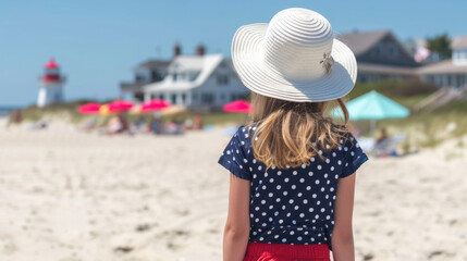 Keep things classic and e with this preppy beach look featuring a white sun hat a navy blue and white polka dot rash guard and red swim shorts. The background is a quaint seaside