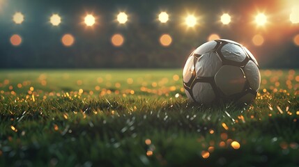 Soccer ball on field grass at stadium glowing with spotlights. Championship, football sports game concept. Generative Ai