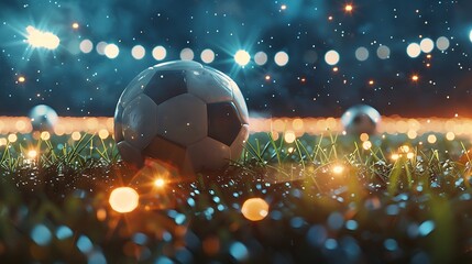 Soccer ball on field grass at stadium glowing with spotlights. Championship, football sports game concept. Generative Ai