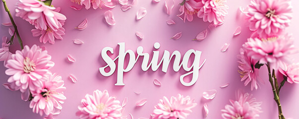 Wall Mural - Lettering spring with plants, leaves and colorful flowers on pink background. Hello spring, 1 march concept. Template for greeting card, invitation, banner, poster