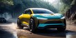 A modern electric SUV in vibrant yellow and teal speeds along a forest trail, dust trailing behind it. The sleek design and bold colors stand out against the natural backdrop.