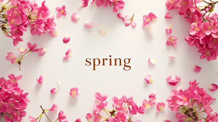 Wall Mural - Lettering spring with plants, leaves and colorful flowers on light beige background. Hello spring, 1 march concept. Template for greeting card, invitation, banner, poster