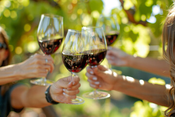 Friends toasting with glasses of red wine during outdoor party in summer. Generative AI