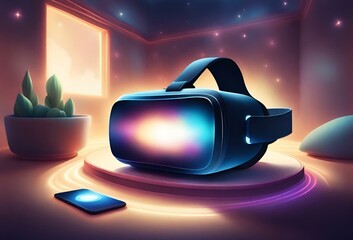 VR glasses and cell phone on shiny background