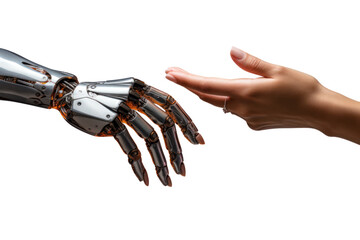 Poster - woman's hand and robot's hand isolated on transparent and white background.PNG image.