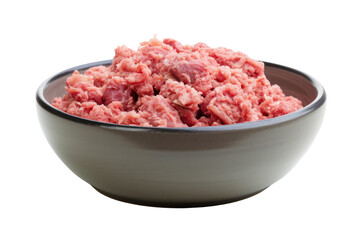 Natural dog food, raw minced meat in a gray bowl, isolated on transparent background.