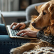 Manos de una mujer escribiendo en un ordenador portátil trabajando desde casa con un perro a su lado