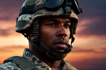 Wall Mural - Close-up of focused us soldier in camo attire with helmet against dusky sky, confident look. Confident american soldier in camouflage gear. Military war concept. Copy ad text space. Generate Ai