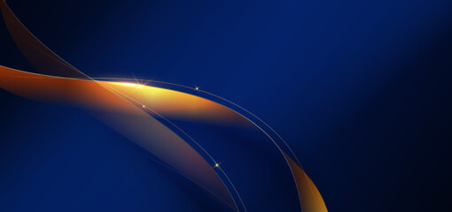 Poster - Abstract gold curved ribbon on dark blue background with lighting effect and sparkle with copy space for text.