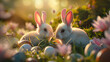 Two Rabbits sitting among flowers and Easter eggs in a field
