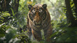 Bengal tiger stalks through a dense forest, blending with the lush greenery