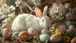 White rabbit perched among of Easter eggs on grass. 