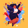 Joyful Businesswoman Celebrating Success with Vibrant Abstract Background Illustration