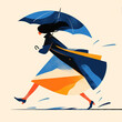 Multicultural Woman Briskly Walking with Umbrella on Windy Day minimalist illustration