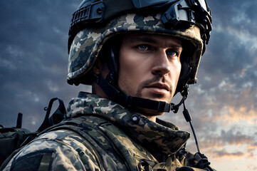 Wall Mural - Close-up of focused finnish soldier in camo attire with helmet against dusky sky, confident look. Confident european fin soldier in camouflage gear. Military concept. Copy ad text space. Generate Ai