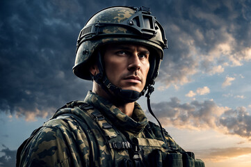 Wall Mural - Close-up of focused german soldier in camo attire with helmet against dusky sky, confident look. Confident european german soldier in camouflage gear. Military concept. Copy ad text space. Generate Ai