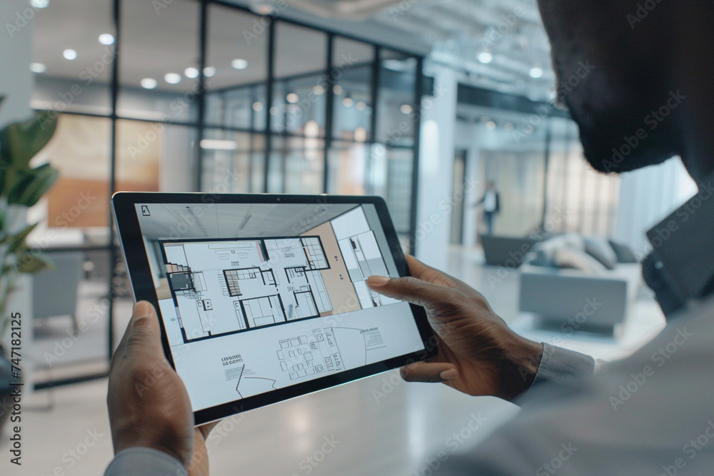 close-up of an interior architect presenting design proposals to ...