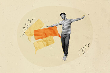 Poster - Creative collage photo image young walking man textbox bubbles conversation chatting share opinion forum communication phrases speech