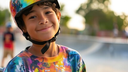 Wall Mural - A young boy with curly hair wearing a colorful helmet and tie-dye shirt smiling at the camera.